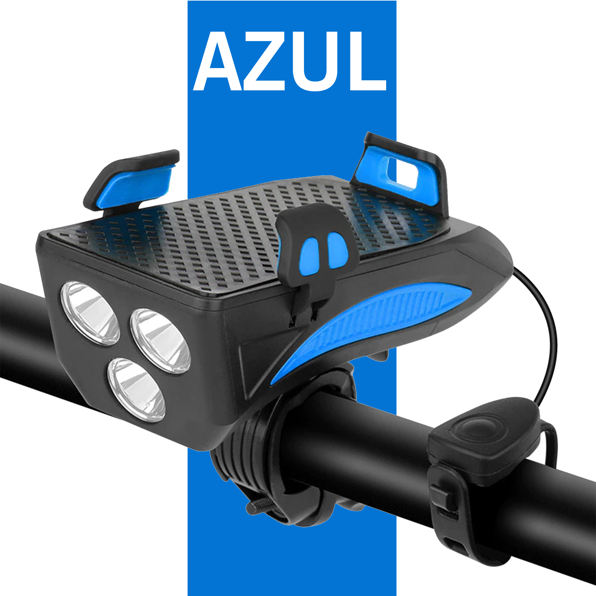 Linterna para bicicleta con bocina y base para celular, luz LED frontal y soporte negro y azul.