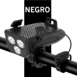 Linterna para bicicleta con bocina y base para celular negro, 3 luces LED, manubrio.