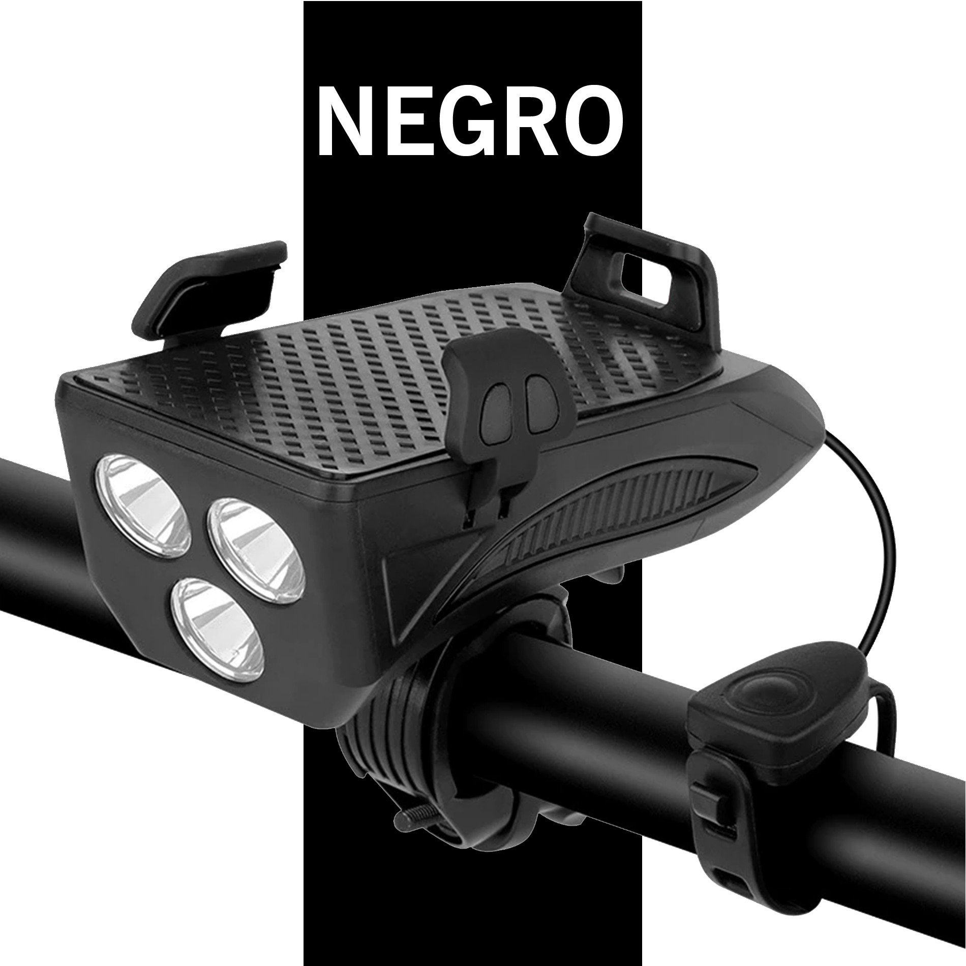 Linterna para bicicleta con bocina y base para celular negro, 3 luces LED, manubrio.