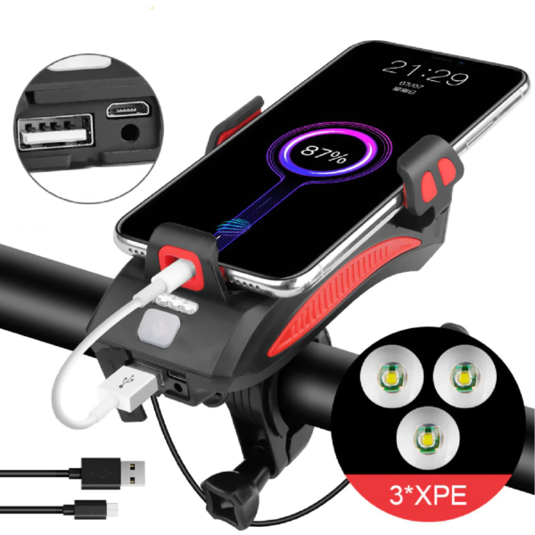 Base para celular con linterna y bocina para bicicleta, carga el teléfono mientras lo usas.