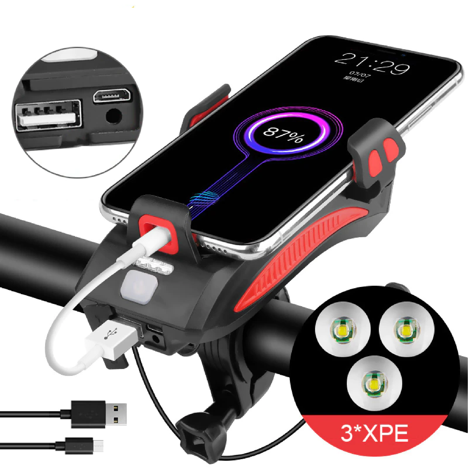 Base para celular con linterna y bocina para bicicleta, carga el teléfono mientras lo usas.