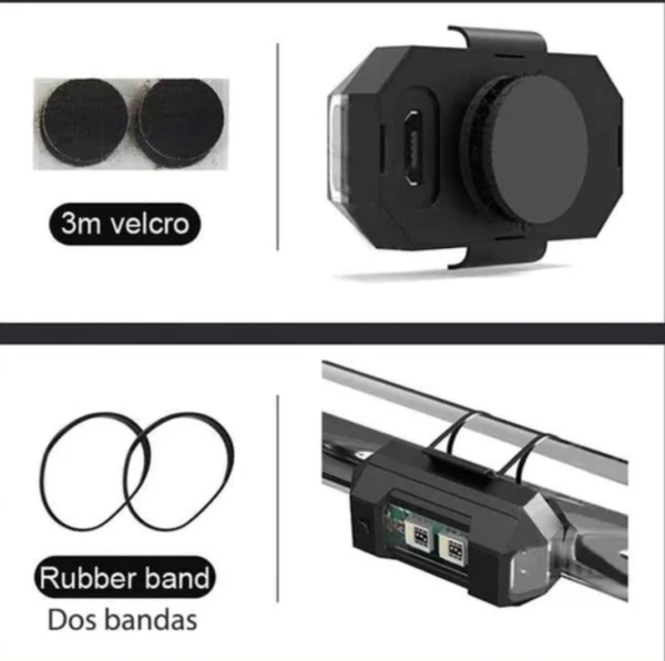 Luz trasera intermitente para bicicleta con velcro y bandas elásticas de goma.
