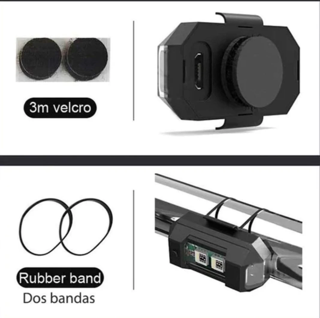 Luz trasera intermitente para bicicleta con velcro y bandas elásticas de goma.