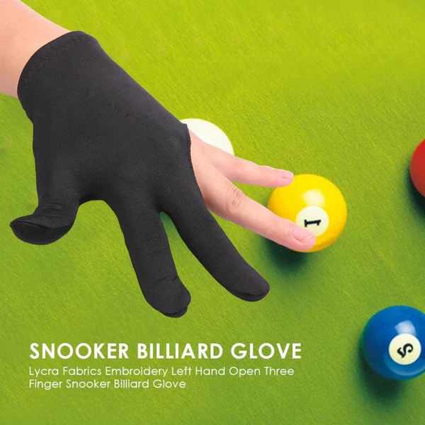 Guante de billar Lycra negro para mano izquierda, tres dedos descubiertos, para snooker.