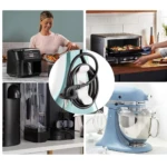 Gancho organizador de cables adhesivo para electrodomésticos de cocina como licuadora y batidora.