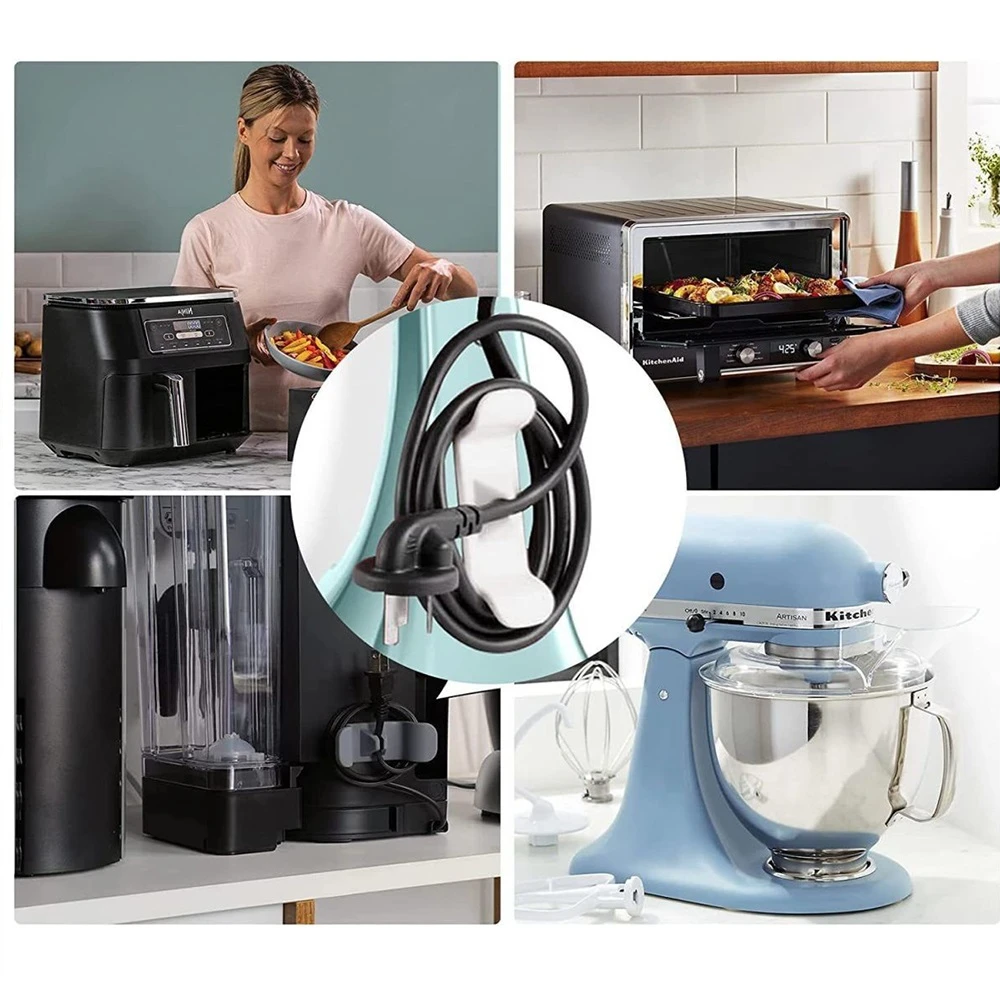 Gancho organizador de cables adhesivo para electrodomésticos de cocina como licuadora y batidora.