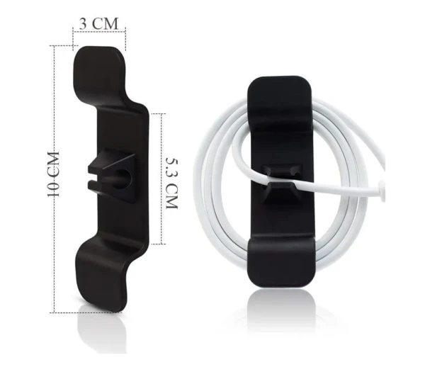Gancho adhesivo organizador de cables, negro, ideal para cargar dispositivos.