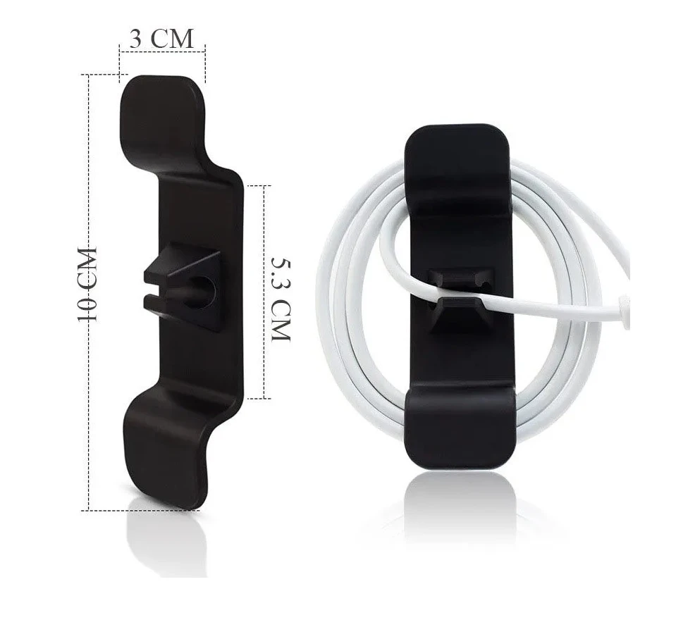 Gancho adhesivo organizador de cables, negro, ideal para cargar dispositivos.