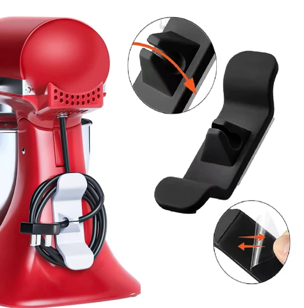Gancho organizador de cables adhesivo para batidora KitchenAid roja y accesorios de montaje.
