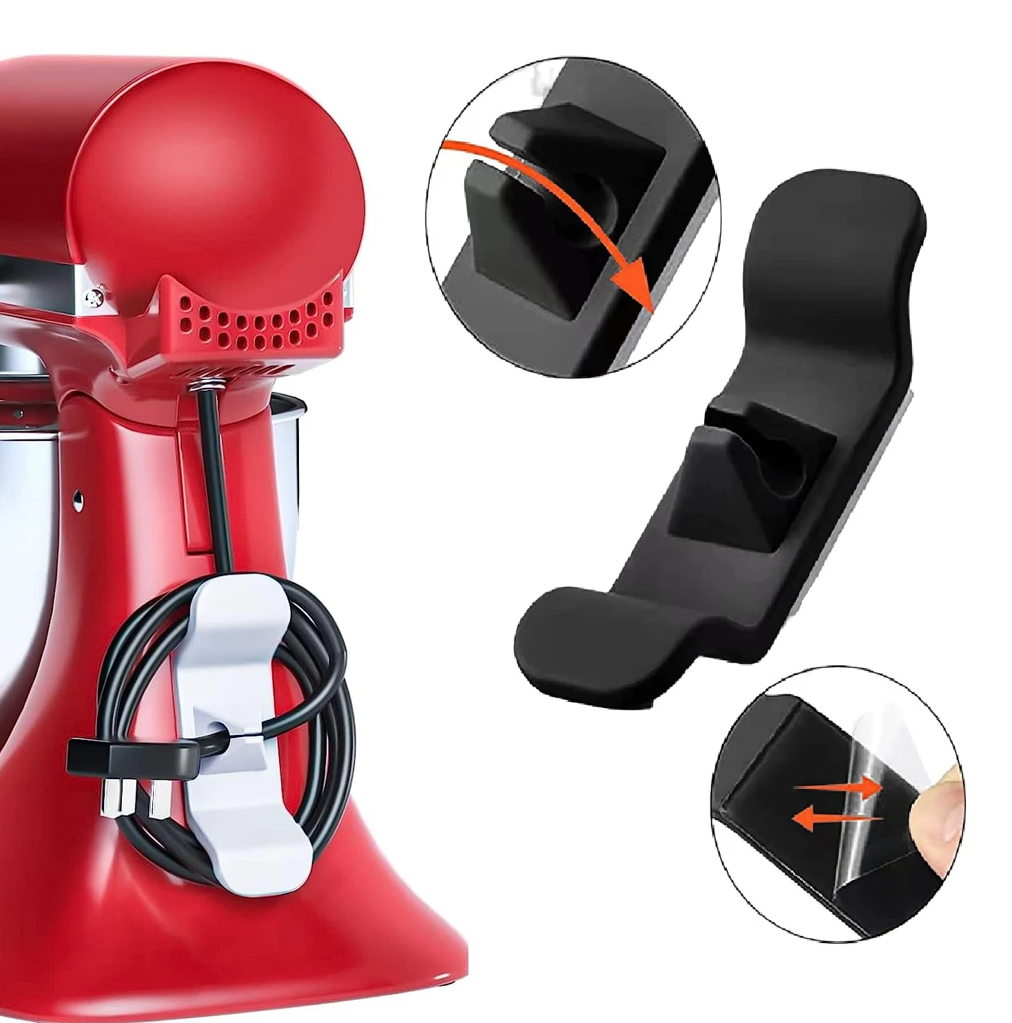 Gancho organizador de cables adhesivo para batidora KitchenAid roja y accesorios de montaje.