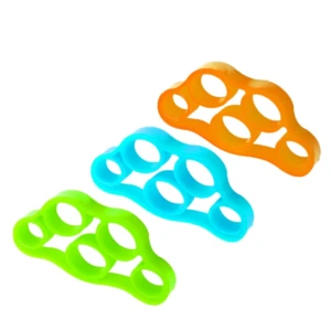 Banda elástica de fortalecimiento de dedos en colores verde, azul y naranja.