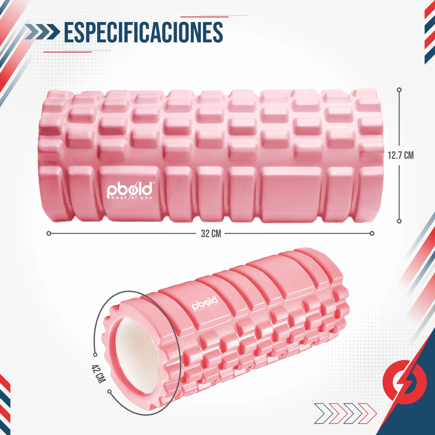 Rodillo Pilates Pbold rosa 32 cm de largo, 12.7 cm de diámetro, ideal para ejercicio y recuperación.