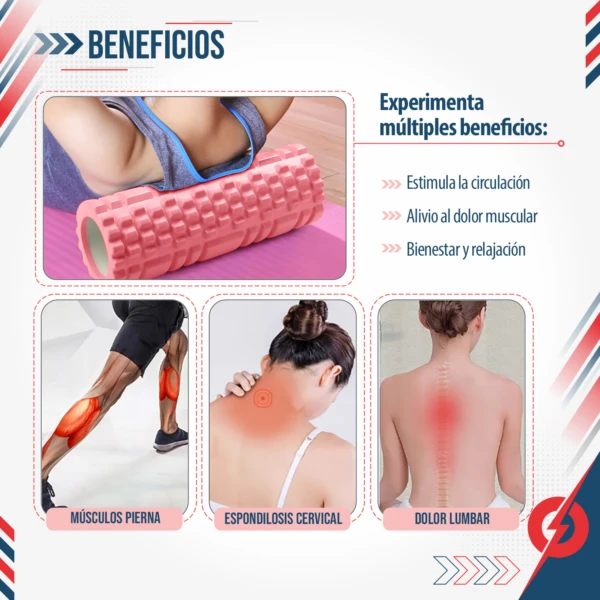Rodillo de pilates Pbold rosa para alivio de dolor muscular, cervical y lumbar, mejora circulación.