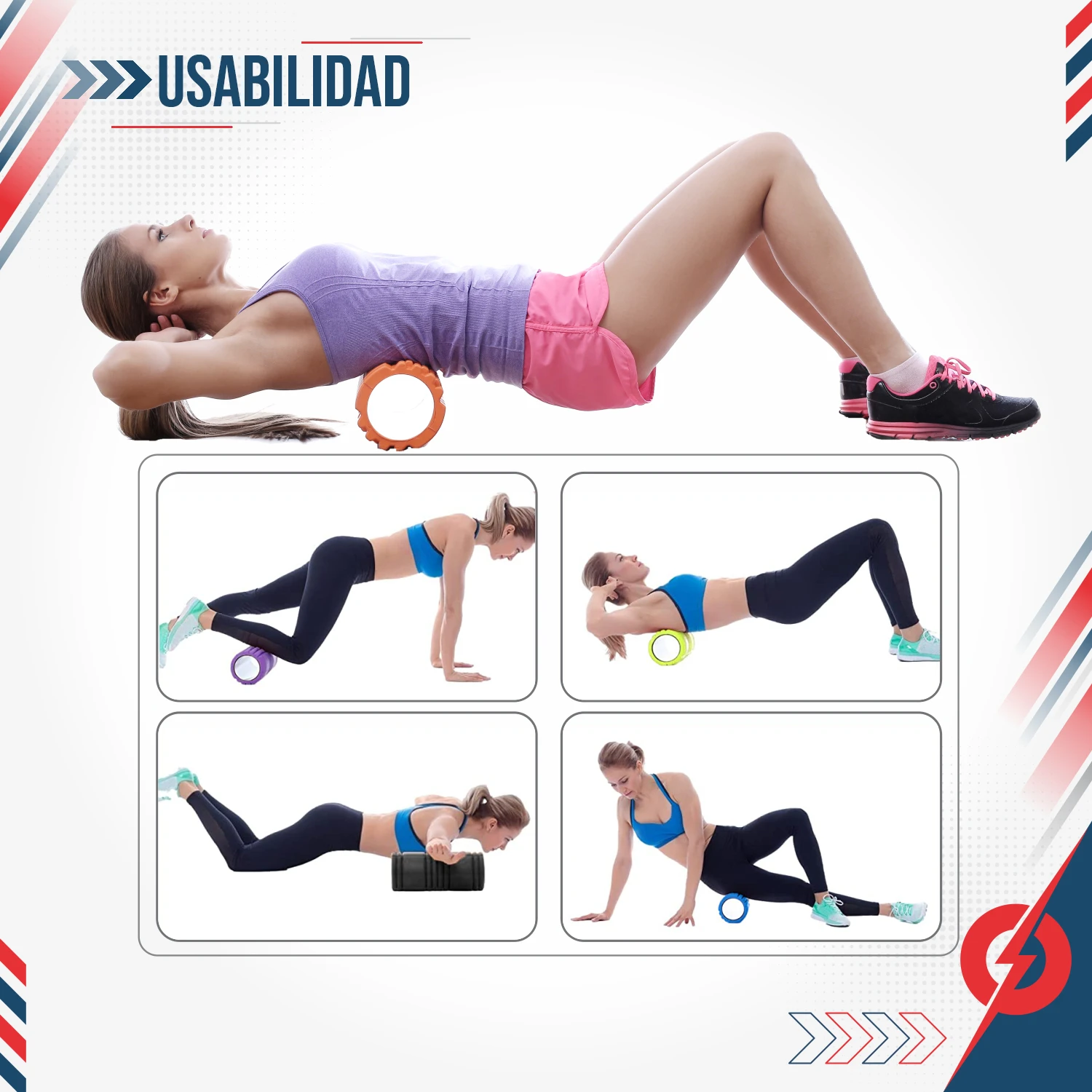 Mujer usa rodillo de pilates rosa para estirar la espalda baja y diferentes músculos.