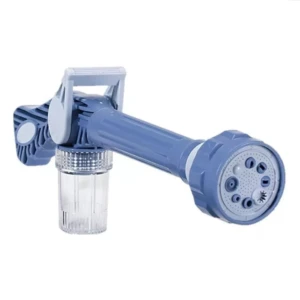 Rociador de agua y jabón azul con selector de chorros y compartimento transparente.