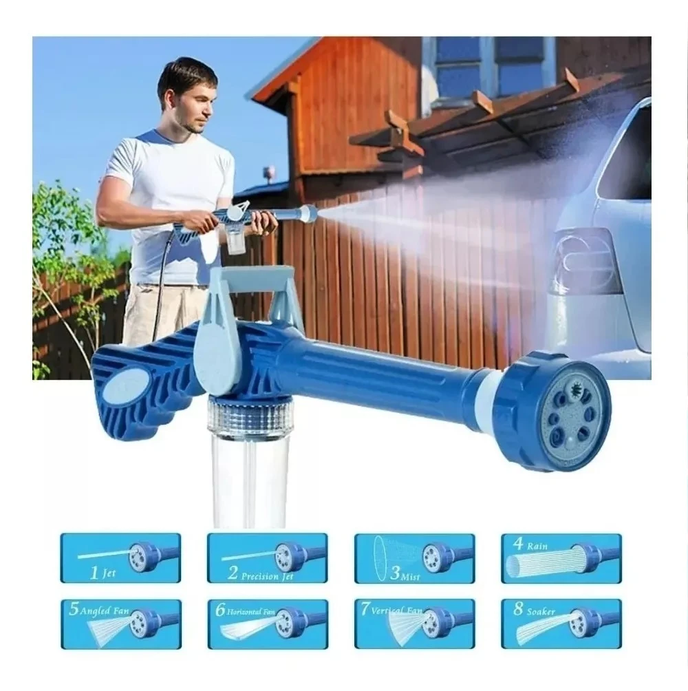 Rociador de agua y jabón para autos con 8 patrones de chorro ajustables.