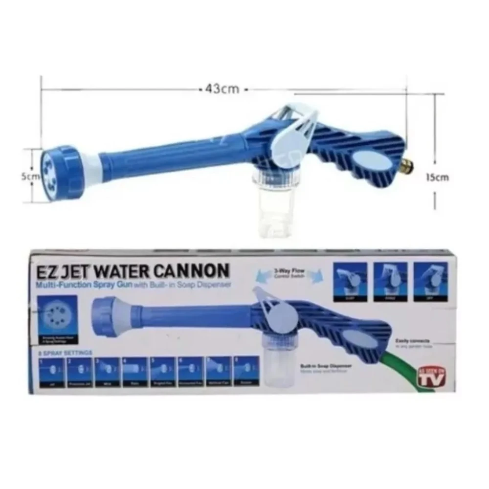 Rociador Chorro de Agua y Jabón EZ Jet Water Cannon, manguera azul con dispensador de jabón integrado.