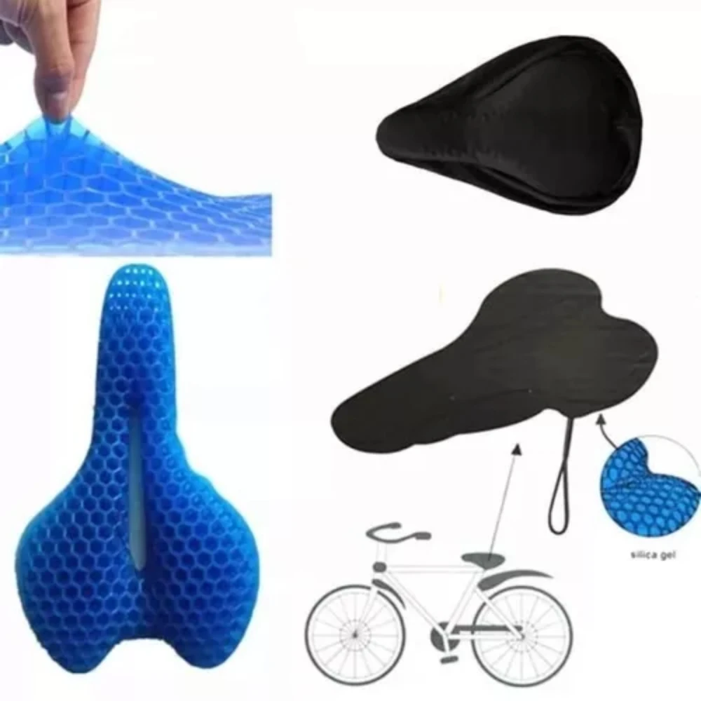 Cojín gel para sillín de bicicleta, funda protectora azul y negra, con detalle de panal.