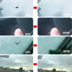 Kit reparador de vidrio para autos: Antes y después de eliminar grietas y rayones del parabrisas.