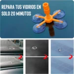 Kit reparador de vidrio automotriz con herramienta de succión y resina para arreglos rápidos.