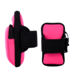 Estuche doble de brazo para celular, rosa, con correas de velcro y cierre de cremallera.