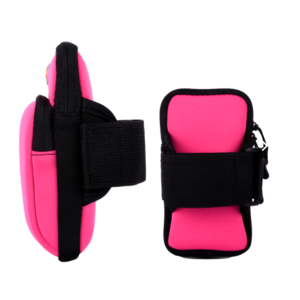 Estuche doble de brazo para celular, rosa, con correas de velcro y cierre de cremallera.