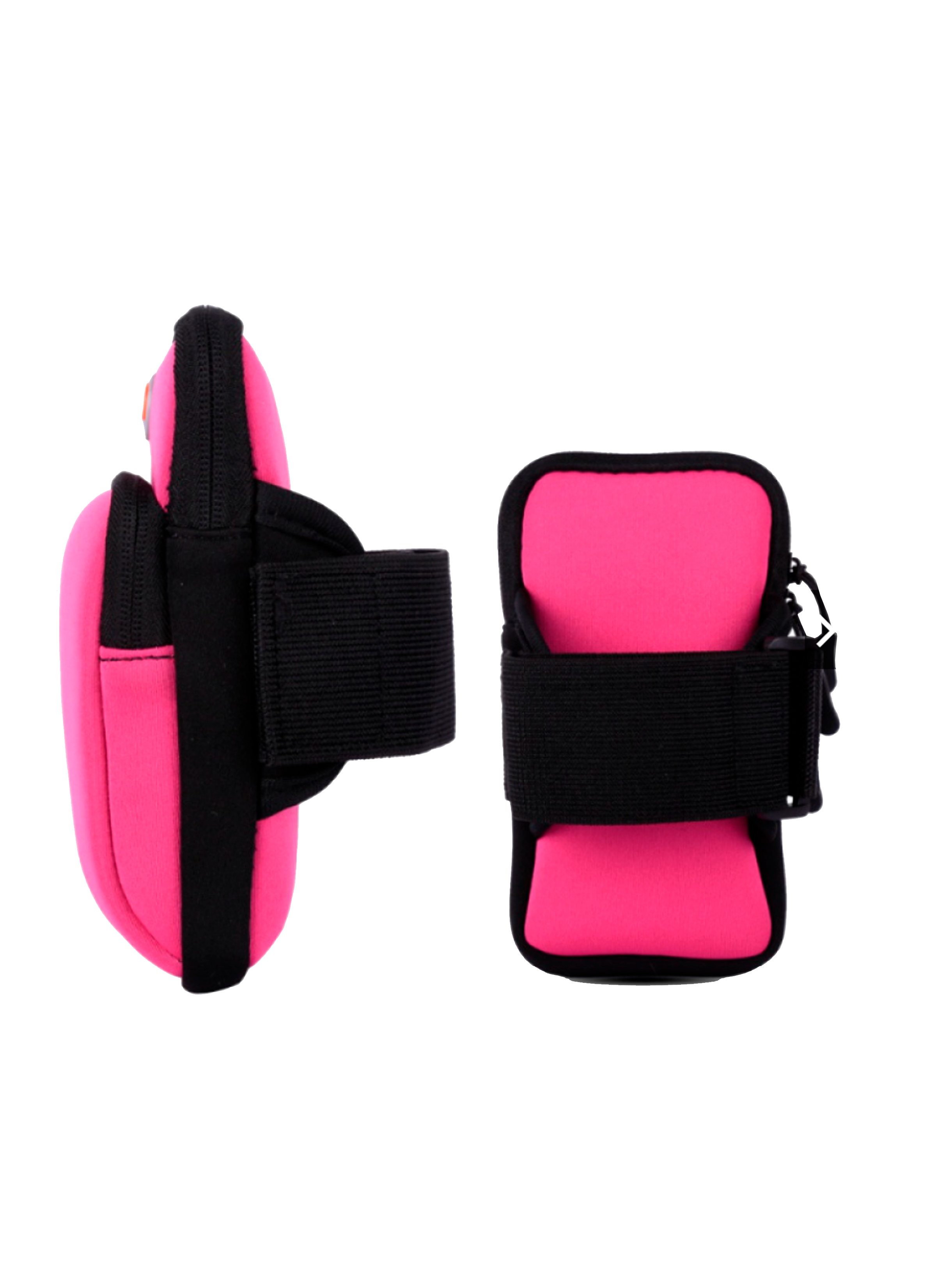 Estuche doble de brazo para celular, rosa, con correas de velcro y cierre de cremallera.