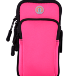 Estuche doble de brazo para celular deportivo, color fucsia, con cremallera y bolsillo.