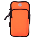 Estuche doble de brazo naranja para celular con cremalleras y logo.