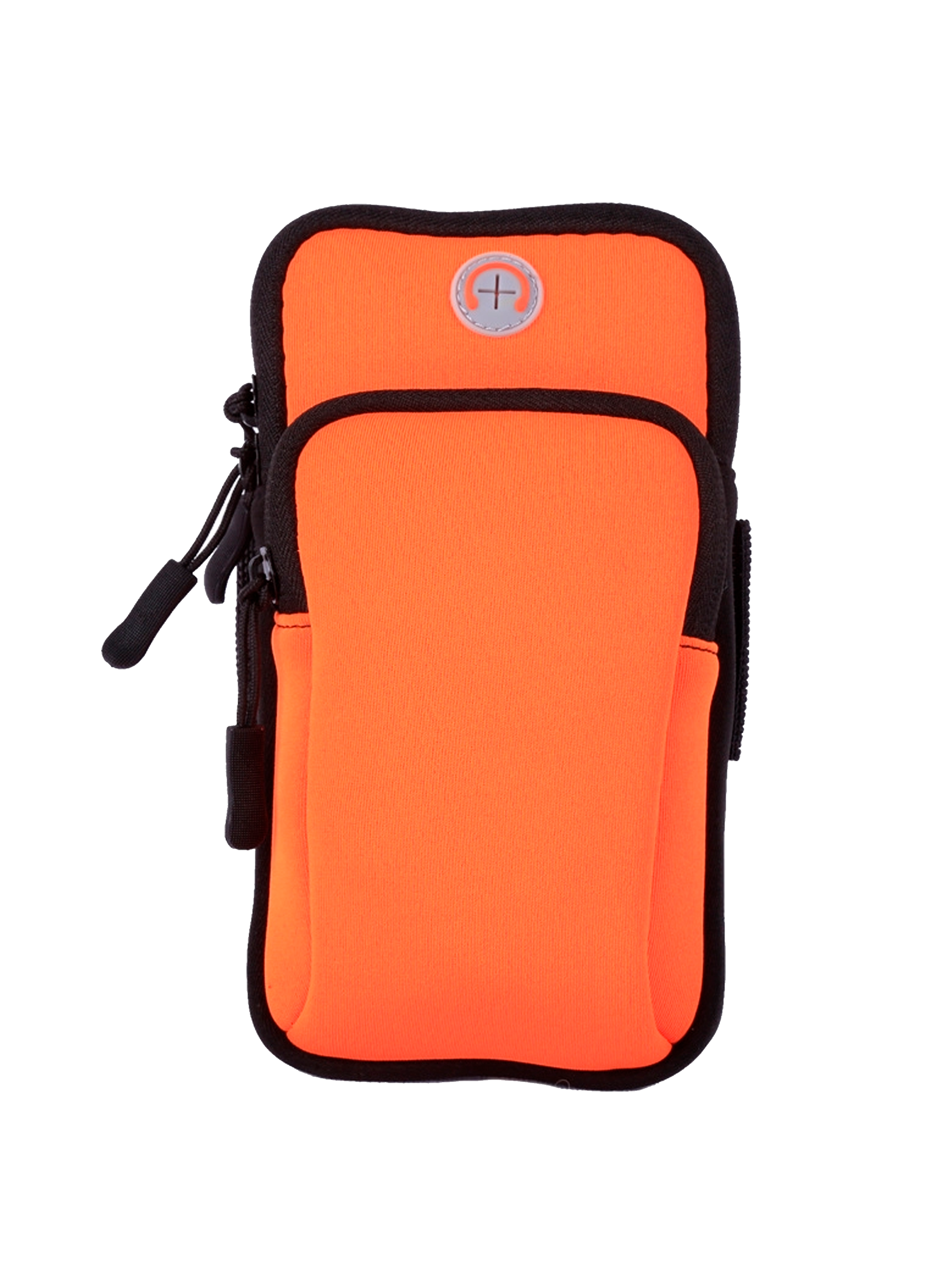 Estuche doble de brazo naranja para celular con cremalleras y logo.