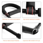 Ejercitador de mano con resortes de acero, agarre ergonómico y acolchado.