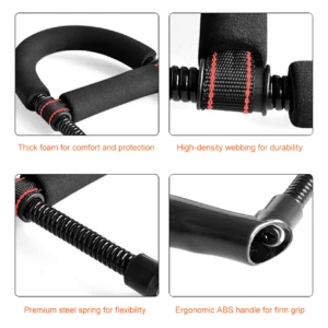 Ejercitador de mano con resortes de acero, agarre ergonómico y acolchado.