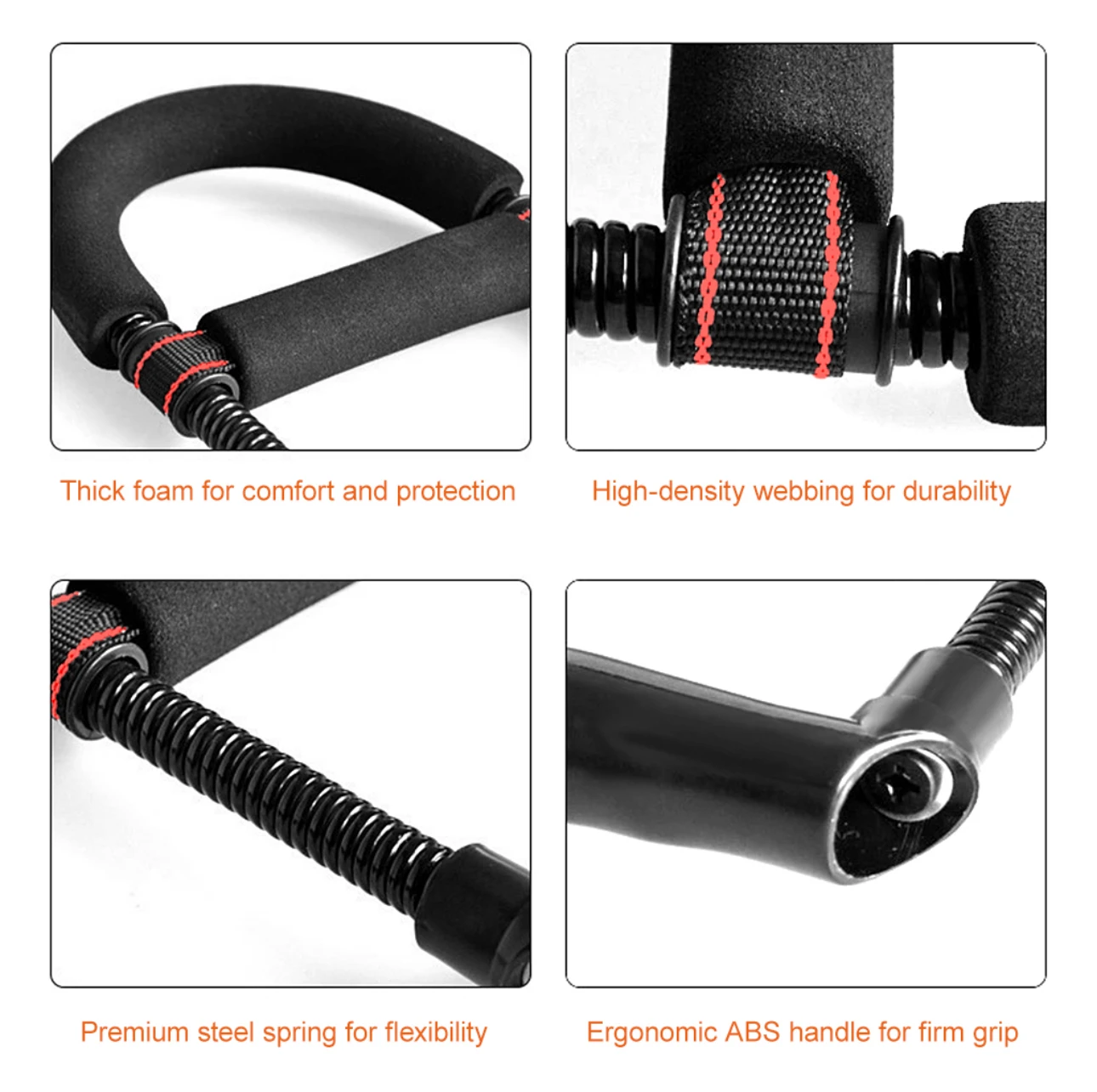 Ejercitador de mano con resortes de acero, agarre ergonómico y acolchado.