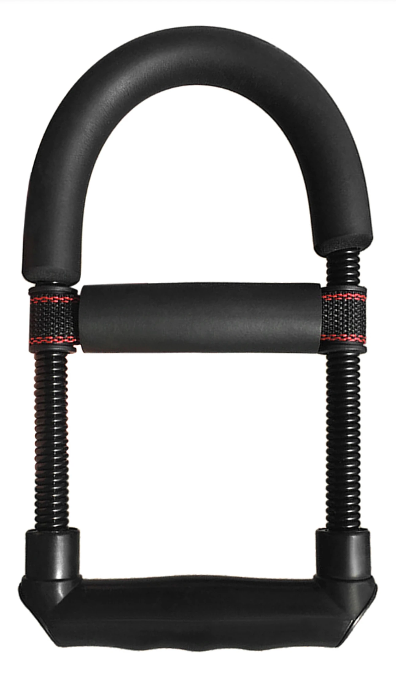 Ejercitador de mano, muñeca y antebrazo con agarre acolchado y resortes de resistencia.