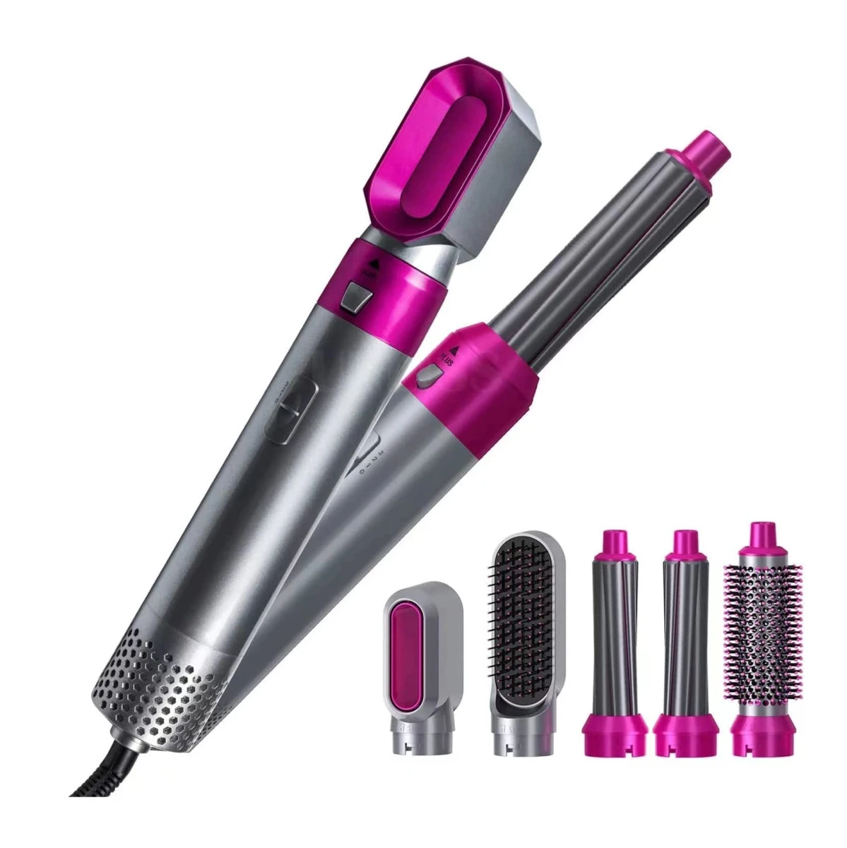 Cepillo secador alisador rizador 5 en 1 color fucsia y plateado con accesorios.