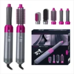 Cepillo rizador, secador y alisador 5 en 1 para cabello, accesorios plateados y fucsia.