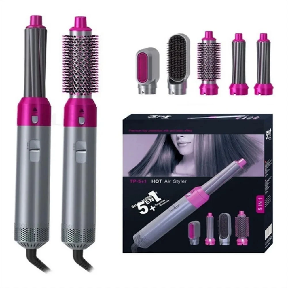 Cepillo rizador, secador y alisador 5 en 1 para cabello, accesorios plateados y fucsia.