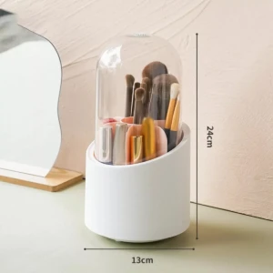 Soporte de brochas de maquillaje giratorio con tapa protectora y divisor, 24cm de alto.