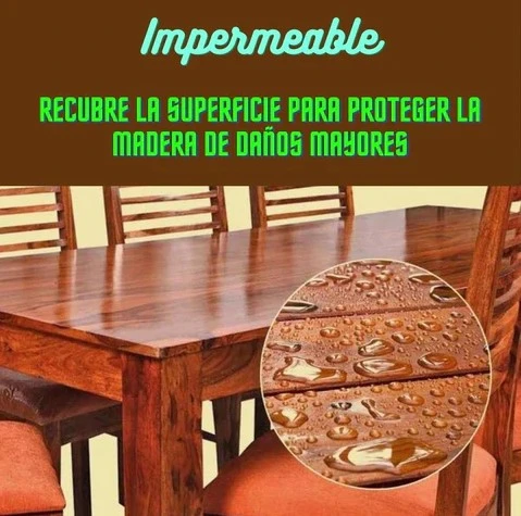 Mesa de madera impermeable Bee Repair, gotas de agua sobre superficie protectora.