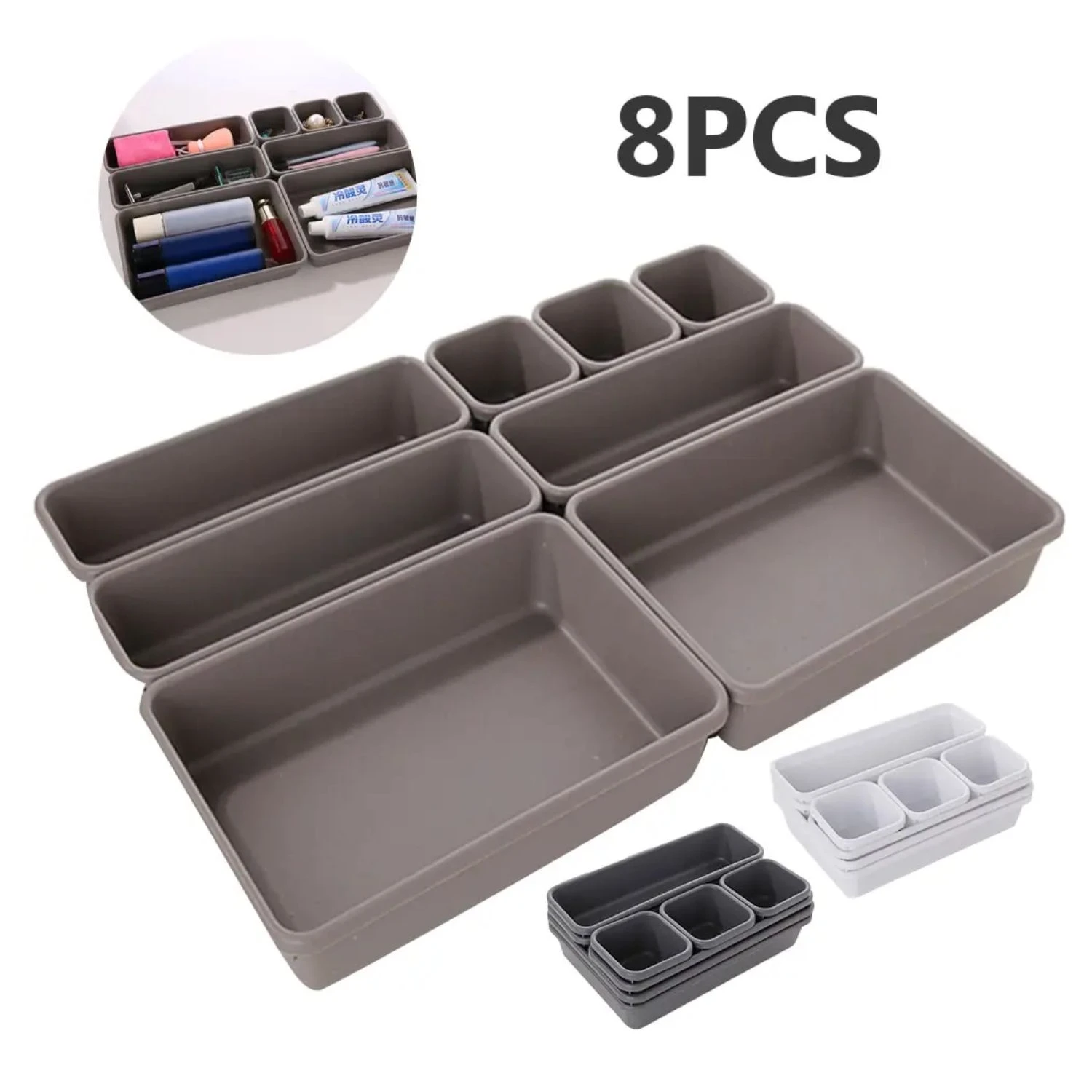 Organizador multiusos de 8 piezas gris para cajones, ideal para baño y escritorio.