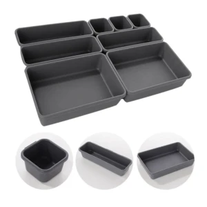 Organizador multiusos de 8 piezas gris, bandejas para cajones y compartimentos de almacenamiento.