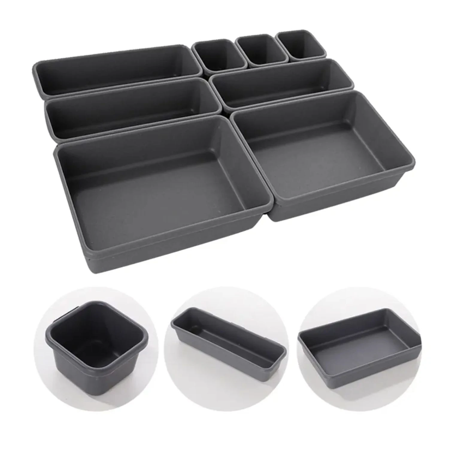 Organizador multiusos de 8 piezas gris, bandejas para cajones y compartimentos de almacenamiento.