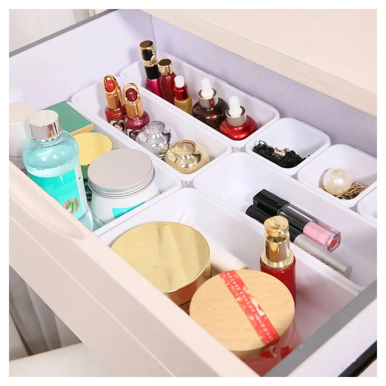 Organizador multiusos 8 piezas para cosméticos y maquillaje, con compartimentos para labiales, esmaltes y más.