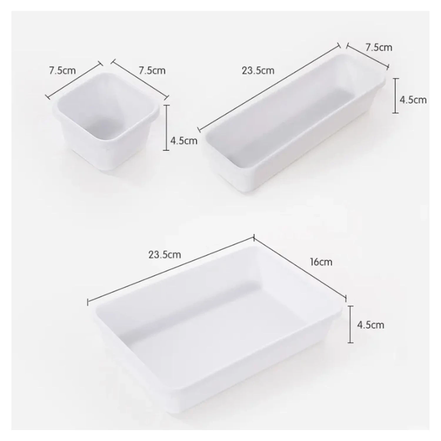 Organizadores blancos 8 piezas: cubo 7.5cm, rectangulares 23.5cm y 16cm, 4.5cm alto.