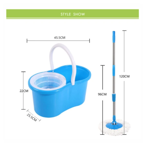 Trapero giratorio 360 con mopa y cubo escurridor. Medidas detalladas de cubo y palo.