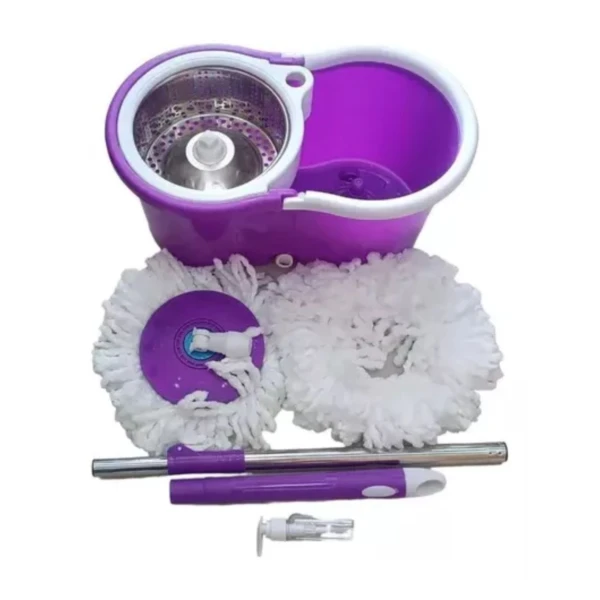 Trapero giratorio 360 morado con mopa blanca, balde y mango extensible.