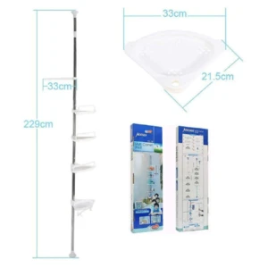 Organizador esquinero de baño telescópico ajustable, 229cm alto, estantes modulares.