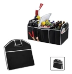Organizador para carro o camping, negro, con compartimentos, bebidas y herramientas, con bolsa plegable.