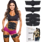 Gimnasia Pasiva 3 en 1: mujer tonifica abdomen y piernas con electroestimulador Smart Fitness EMS.