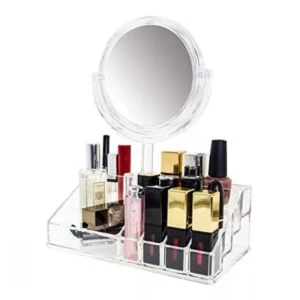 Organizador de maquillaje Gw-555 con espejo, compartimentos para labiales, perfumes y esmalte.